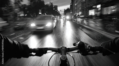 City street at night, viewed from a bicycle