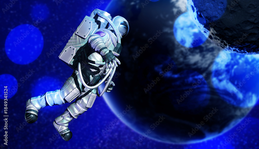 Fototapeta premium Astronaut wearing special suit and celestial body in space. Banner design