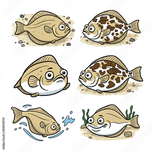 Collection of Six Cartoon Flatfish Characters with Different Expressions.