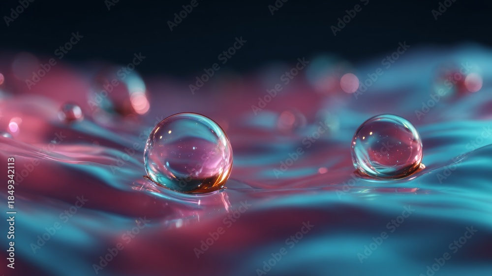 Naklejka premium Captivating Macro Shot of Water Droplets Reflecting Vibrant Colors. The droplets are resting on a surface, reflecting a mesmerizing play of light and color