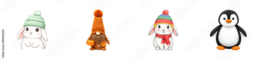 Fototapeta premium Four cute festive illustrated characters, including two adorable rabbits in winter hats, a charming gnome holding a pumpkin, and a friendly penguin, all rendered in a whimsical, cheerful style