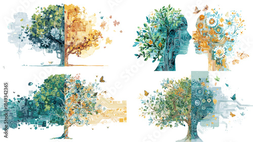 Creative double exposure illustrations merging human head silhouettes with trees and leaves, symbolizing growth, nature connection, mindfulness, and environmental awareness.
