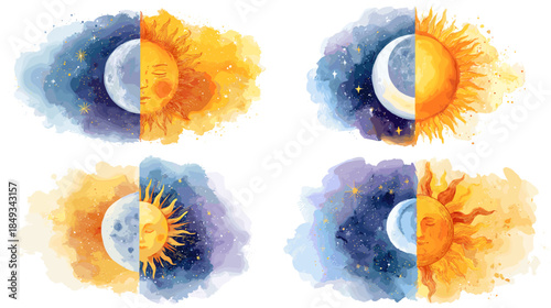 Abstract watercolor illustrations of sun and moon symbols in circular compositions, blending day and night elements to represent balance, time, and cosmic harmony.