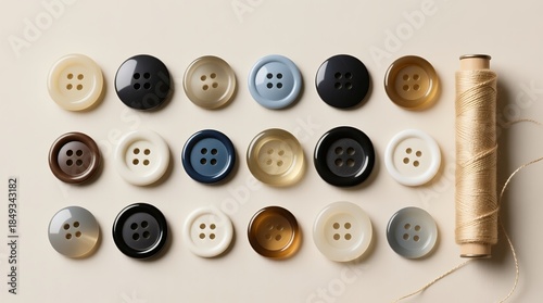 Neatly arranged sewing buttons and spool of thread on neutral background
