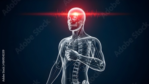 3D medical illustration showing a transparent male head with a red highlight on the forehead, representing fever, stress, tension headache, or sinus issues