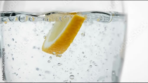 A refreshing glass of sparkling water with a slice of lemon floating inside, captured in a close-up shot.