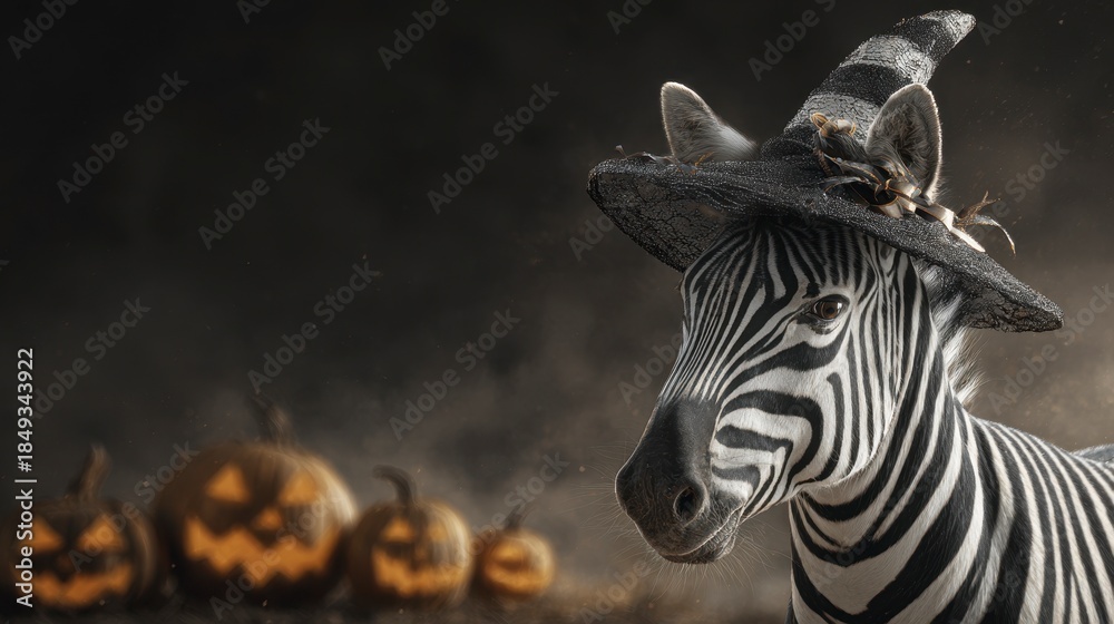 Fototapeta premium A whimsical image features a zebra adorned with a witch's hat, with jack-o'-lanterns in the background, creating a Halloween themed scene
