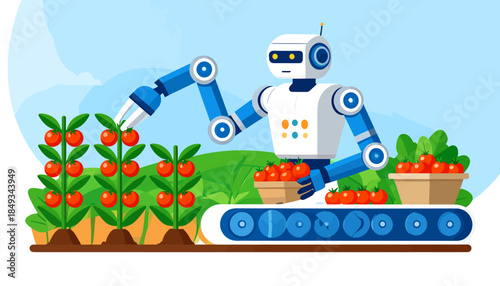 Robot Harvesting Tomatoes in Farm Illustration