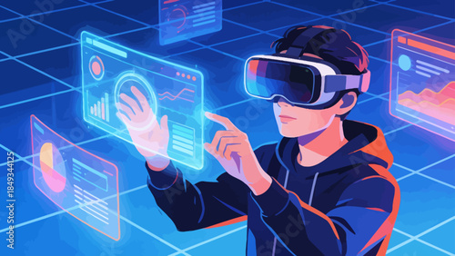 Person using virtual reality headset with holographic interface