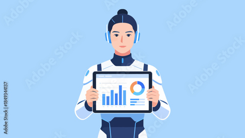 Person in futuristic suit holding tablet with charts