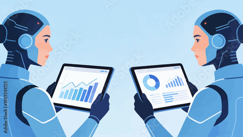 Two robots analyzing data on tablets
