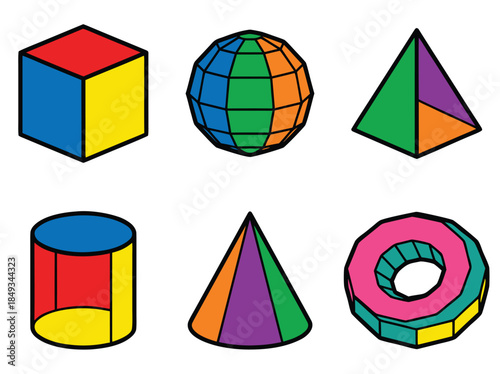 Colorful 3D Geometric Shapes Collection on White Background.