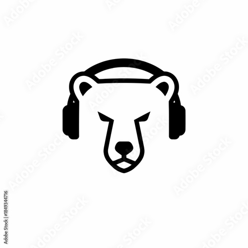 Stylized Black and White Bear Head Wearing Headphones.