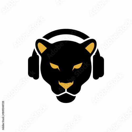 Black Panther Head with Headphones Logo Design.