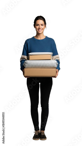 Smiling 35-40-year-old Caucasian woman, an online shop owner shipping orders, holding bubble mailers. Ideal for e-commerce websites, small business marketing, social media, startup promotions,