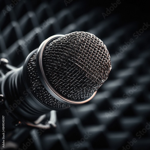 Close-up Macro Shot of Vintage Microphone with Textured Background, Evoking Retro Audio and Performance.
