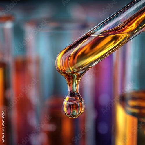 Close-up of a Droplet of Golden Liquid Forming on a Pipette Tip in Laboratory.