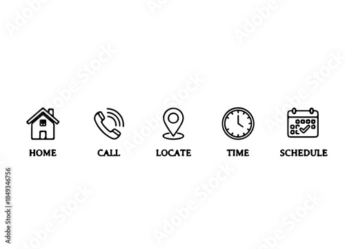 Set of five black outline icons with typography labels.