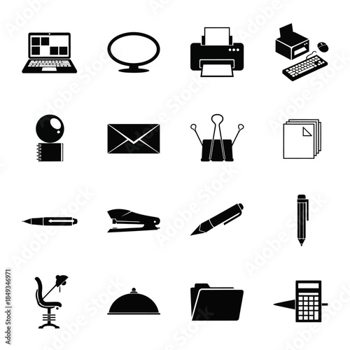 Black and white icons of office supplies and equipment including a laptop, monitor, printer, stapler, pens, and folders for business use.