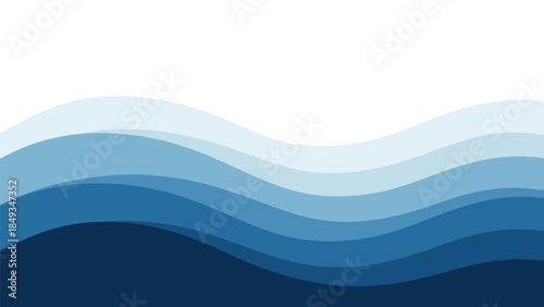 Ocean waves are depicted in a layered illustration with varying shades of blue.