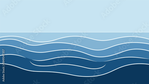 Ocean waves are depicted in a stylized illustration with varying shades of blue and white lines.