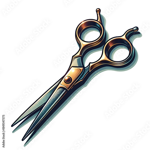 High-quality professional hairdressing scissors made of polished stainless steel, featuring sharp, precise blades and an elegant ergonomic design. Isolated on a white background, this realistic tool i
