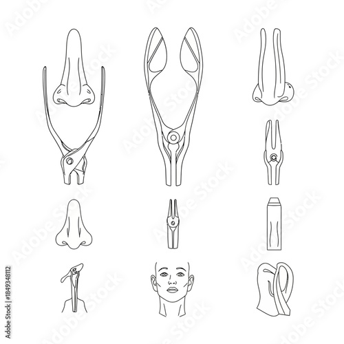 Line art illustration of various nose shaping and correction tools with human nose and face diagrams.