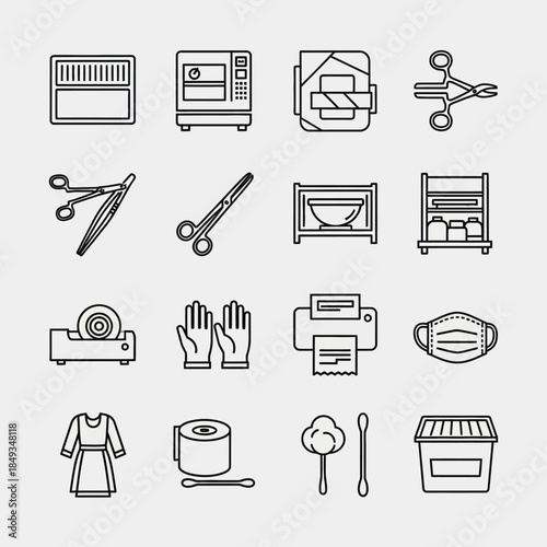 Collection of line icons representing medical supplies, hygiene products, and healthcare equipment.