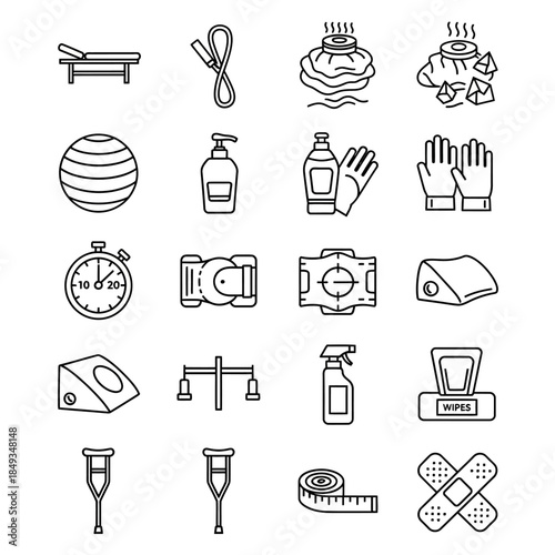 A collection of line icons depicting various medical, therapy, fitness, and rehabilitation equipment and supplies.