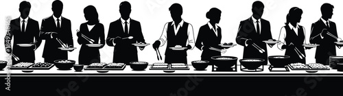 Black silhouette vector of catering staff serving food at a buffet table during a dinner party isolated on white background.