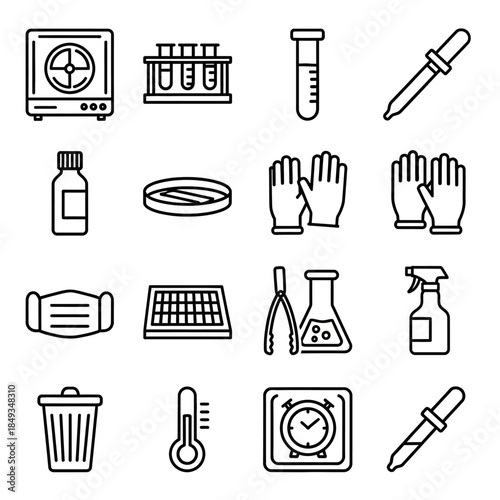 A collection of line art icons depicting various laboratory equipment and scientific tools for research and experiments.