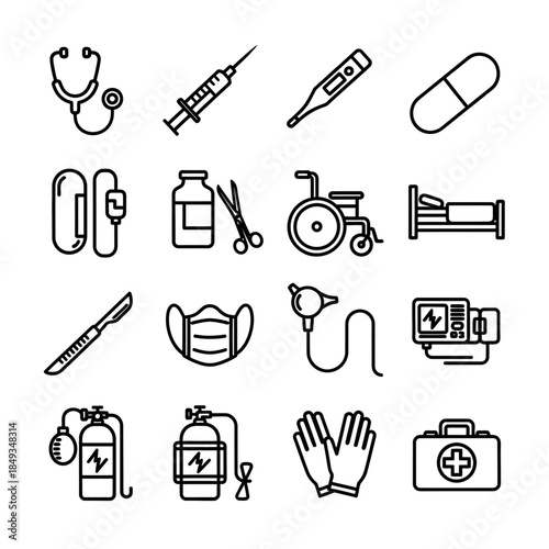 A comprehensive collection of medical equipment and healthcare supplies icons in a minimalist line art style.