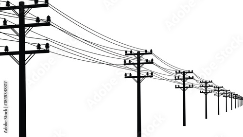 Black silhouette vector of high voltage electric power lines and utility poles stretching into perspective, isolated on white background.