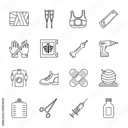 A collection of line art icons depicting various medical and orthopedic equipment and supplies, including casts, crutches, surgical tools, and first aid items.