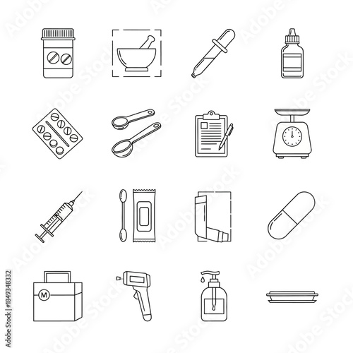 A collection of line art icons representing various medical, pharmaceutical, and healthcare items and tools on a white background.
