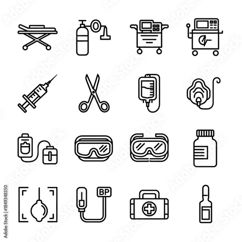 A collection of line art icons depicting various medical and healthcare equipment and supplies, including a stretcher, oxygen tank, syringe, IV bag, and first aid kit.