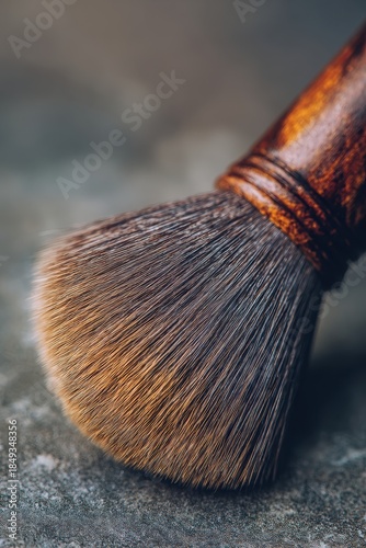 Close-up of a Vintage Shaving Brush with Wooden Handle on Textured Surface.