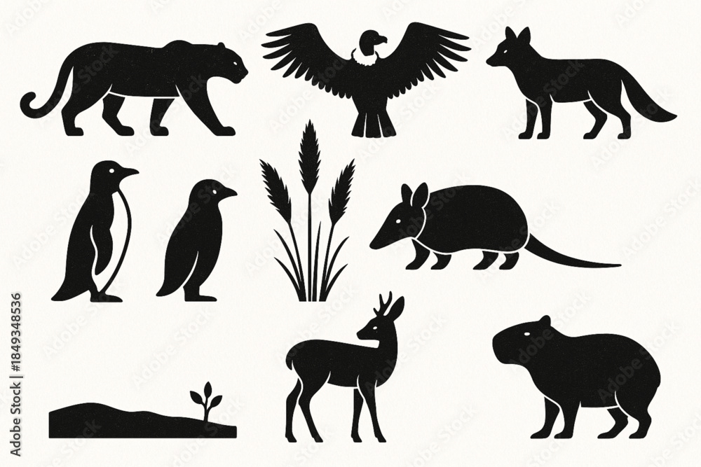 Fototapeta premium Argentine Wildlife Icon Set with Jaguar, Condor and Andean Animals in Flat Vector