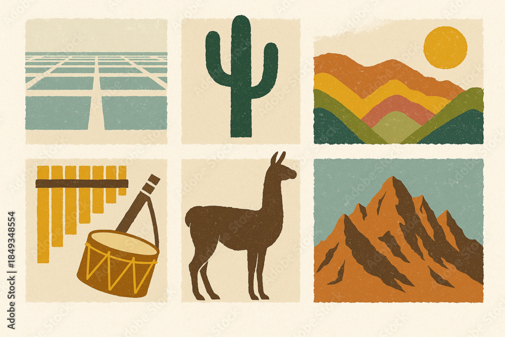 Naklejka premium Northern Argentina Icon Set with Salinas Grandes, Llama and Andean Culture in Flat Vector