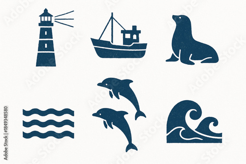 Argentine Coastal Icon Set with Lighthouse, Sea Life and Fishing in Flat Vector