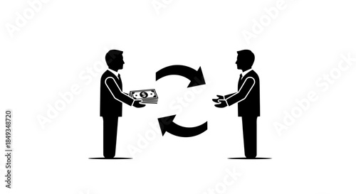 Two businessmen exchange money in a straightforward transaction setting.