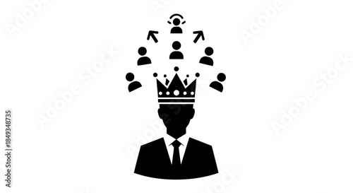 A suited man wearing a crown with people icons surrounding his head in a business setting illustration.