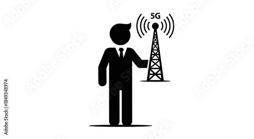 A man in a business suit stands next to a 5G tower emitting signals.
