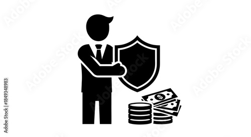 A man in a suit holds a shield protectively in front of stacks of money and bills.