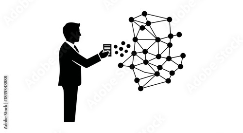 Businessman holding a card interacts with a network diagram in a professional setting illustration.