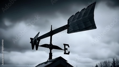 Stormy weather vane with dark clouds.