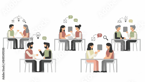 Illustration of diverse office workers collaborating and brainstorming in a modern workspace with laptops and thought bubbles.