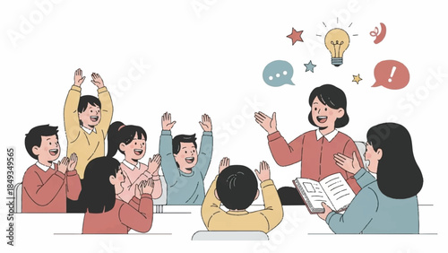 Illustration of a diverse group of children enthusiastically raising their hands in a classroom setting with a teacher holding a book and surrounded by thought bubbles and icons.