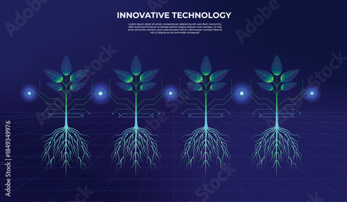 Four futuristic seedlings growing with a blue glow: environmental protection through innovative biotechnology. Vector illustration for ecological sustainability and green biotechnology. Science, eco