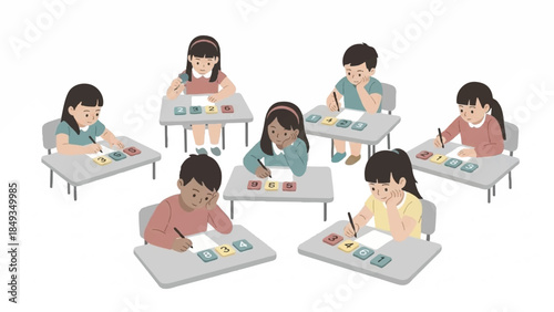 Illustration of a group of diverse children sitting at desks, writing and learning with colorful educational materials, in a plain white background.